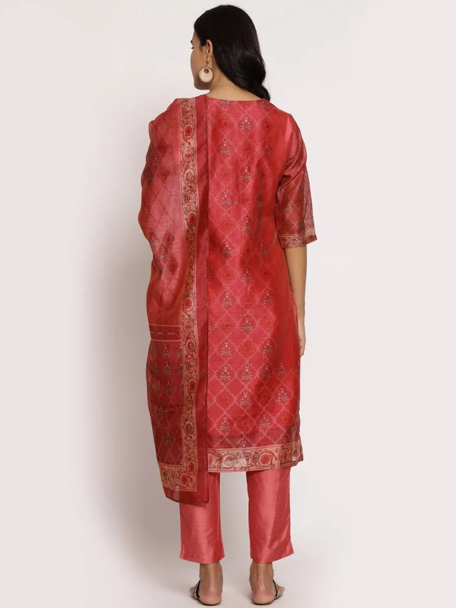 Women Pink Ornamental Printed Kurta Trouser Dupatta