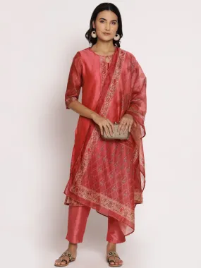 Women Pink Ornamental Printed Kurta Trouser Dupatta