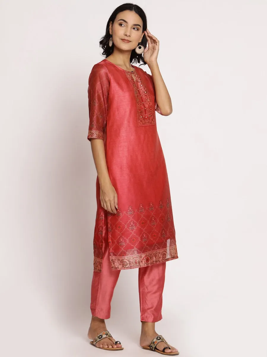 Women Pink Ornamental Printed Kurta Trouser Dupatta