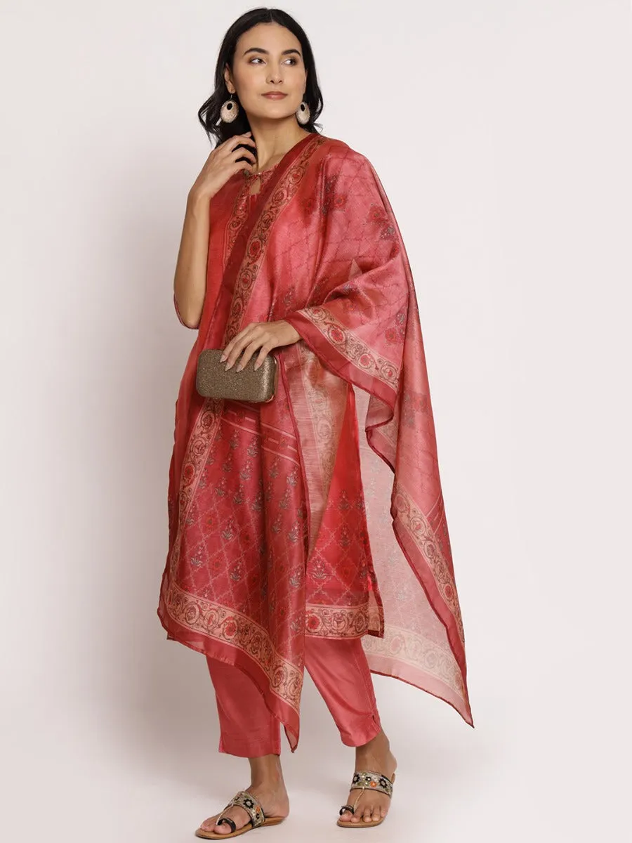 Women Pink Ornamental Printed Kurta Trouser Dupatta