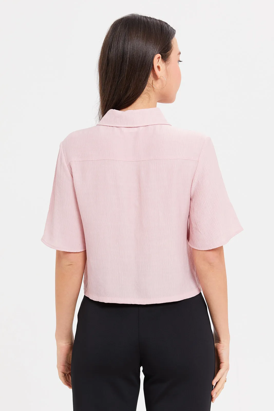 Women Pink Textured Collared Boxy Shirt