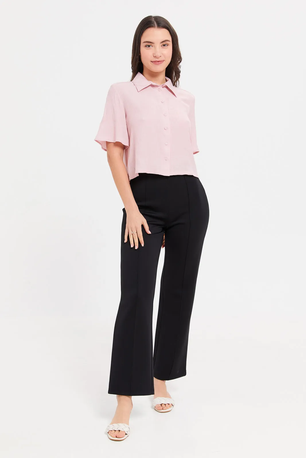 Women Pink Textured Collared Boxy Shirt