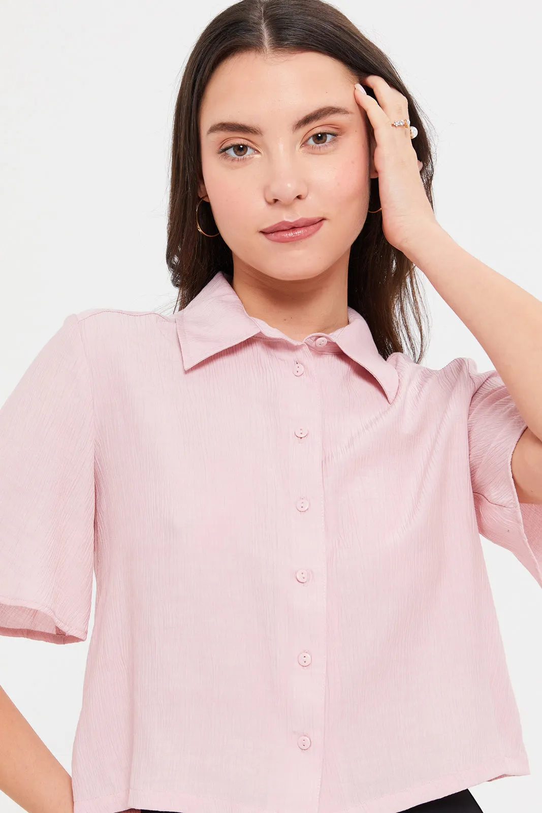 Women Pink Textured Collared Boxy Shirt