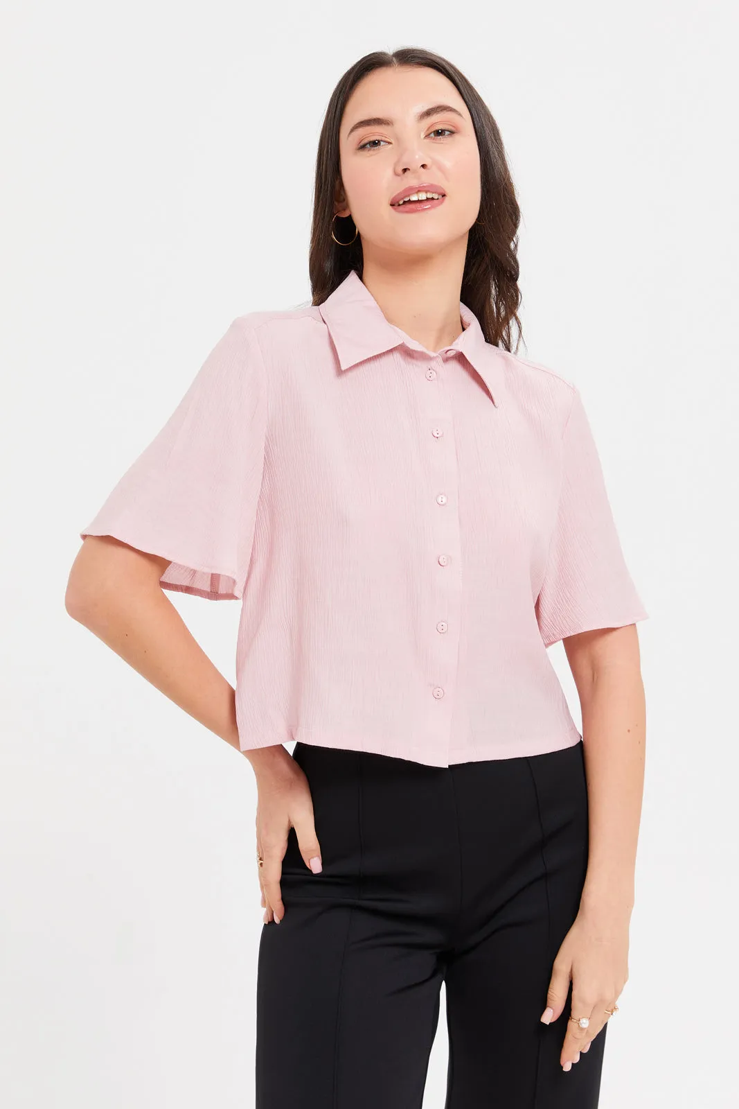 Women Pink Textured Collared Boxy Shirt