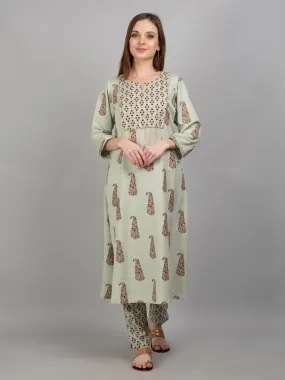 Women Pista Green Ornamental Print Kurta With Trouser