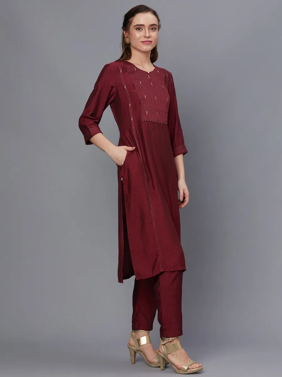 Women Purple Solid Kurta Trouser With Dupatta