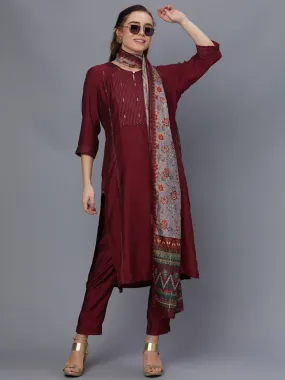 Women Purple Solid Kurta Trouser With Dupatta