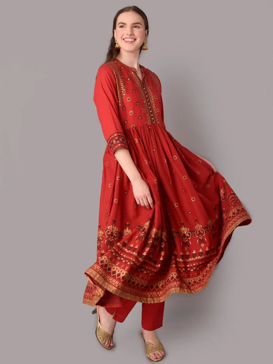 Women Red Ornamental Print Kurta Trouser Dupatta