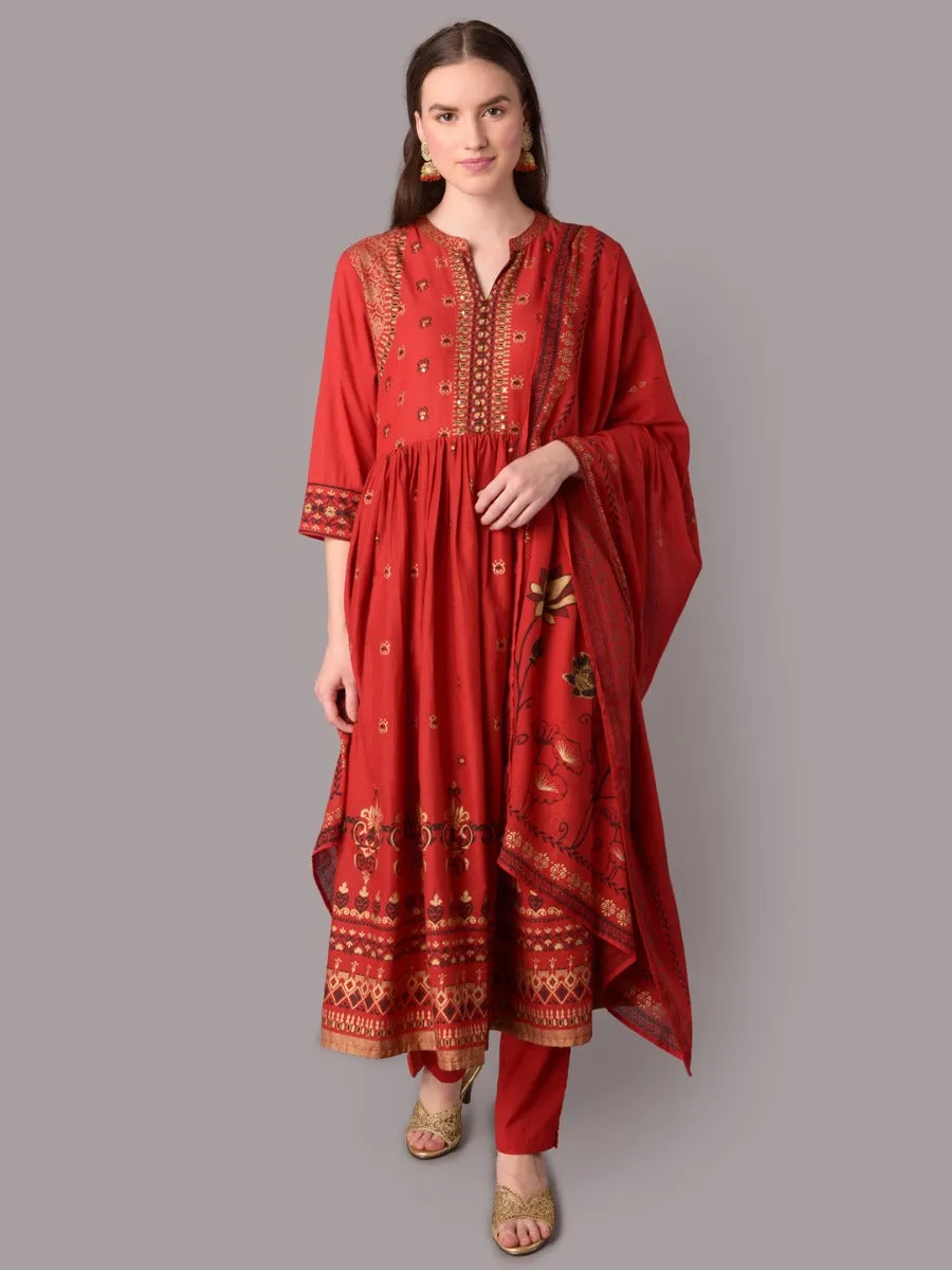 Women Red Ornamental Print Kurta Trouser Dupatta