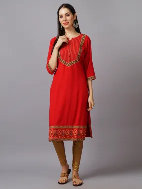 Women Red Ornamental Straight Printed Kurta