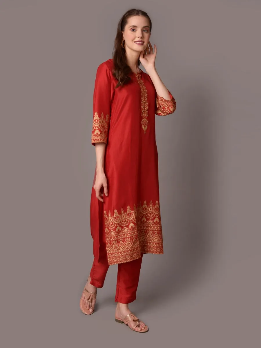 Women Red Round Neck Kurta With Trouser