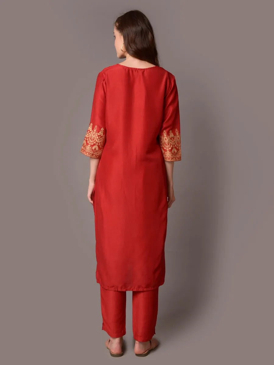 Women Red Round Neck Kurta With Trouser