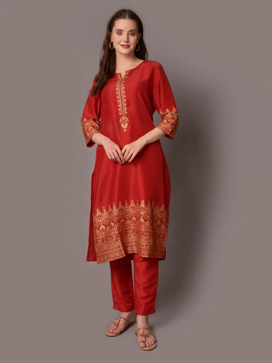 Women Red Round Neck Kurta With Trouser