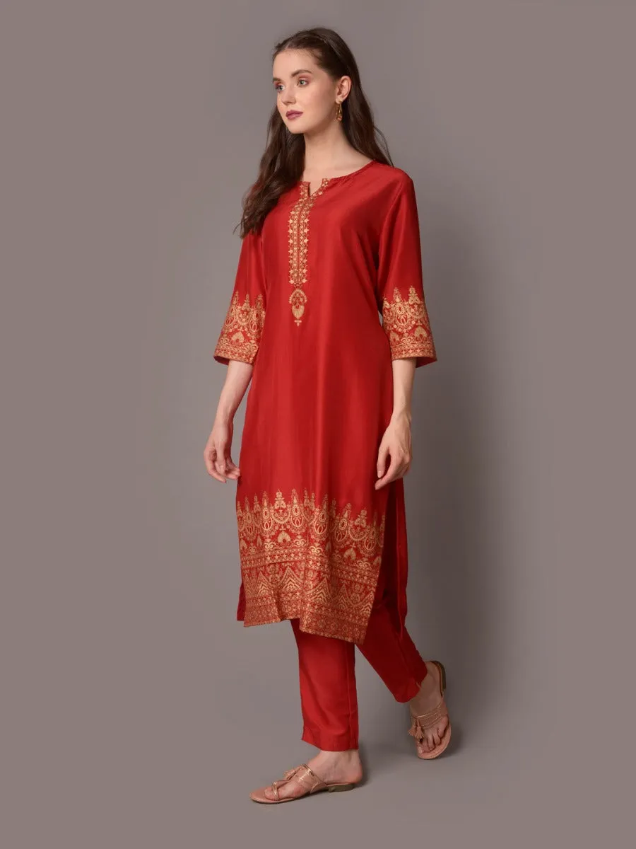 Women Red Round Neck Kurta With Trouser