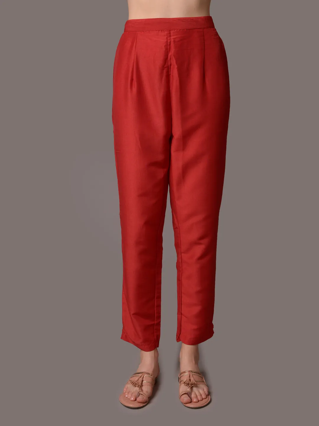 Women Red Round Neck Kurta With Trouser