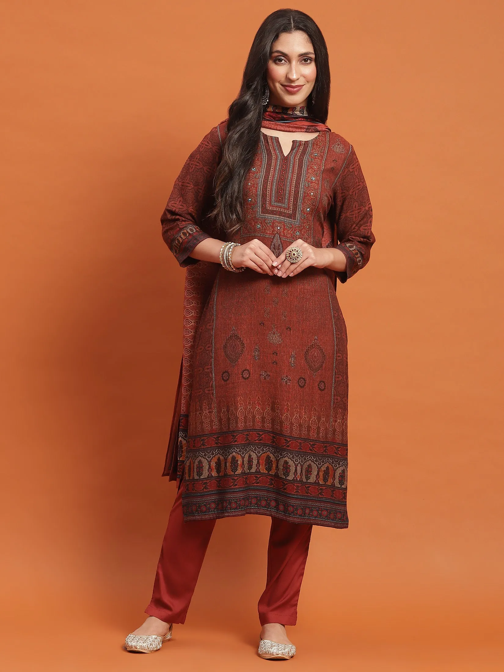 Women Rust Ornamental Print Kurta Trouser Dupatta