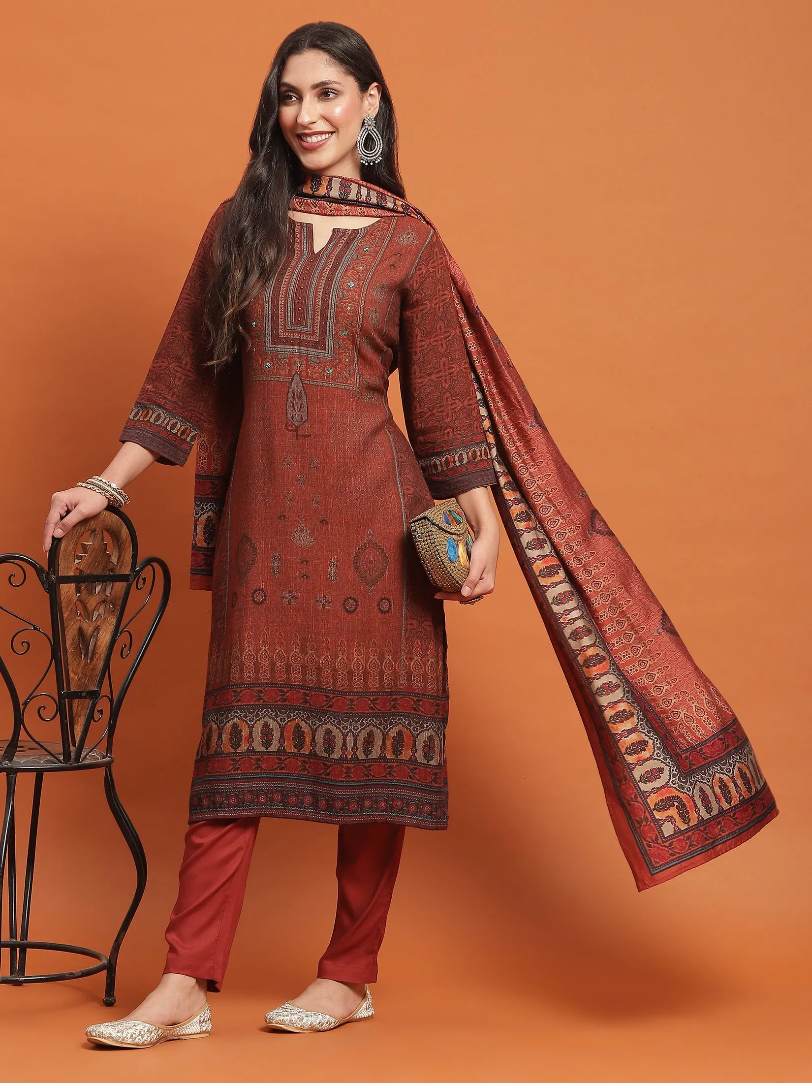 Women Rust Ornamental Print Kurta Trouser Dupatta