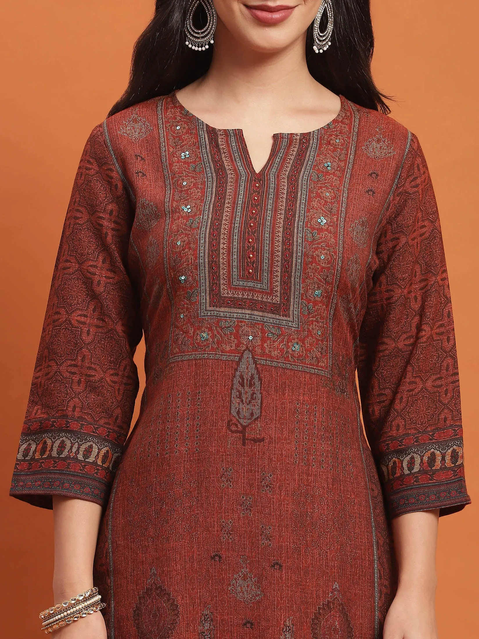 Women Rust Ornamental Print Kurta Trouser Dupatta