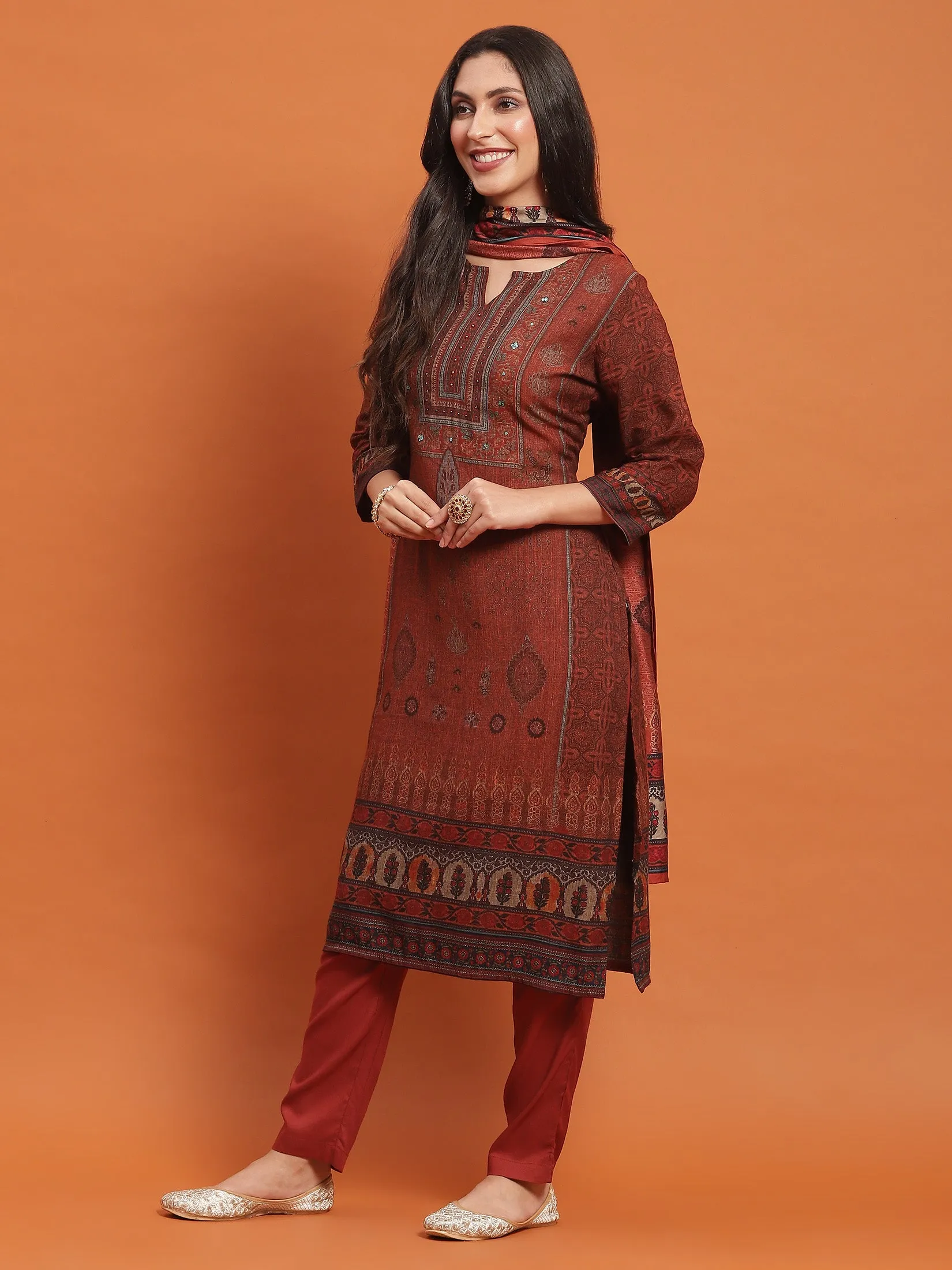 Women Rust Ornamental Print Kurta Trouser Dupatta