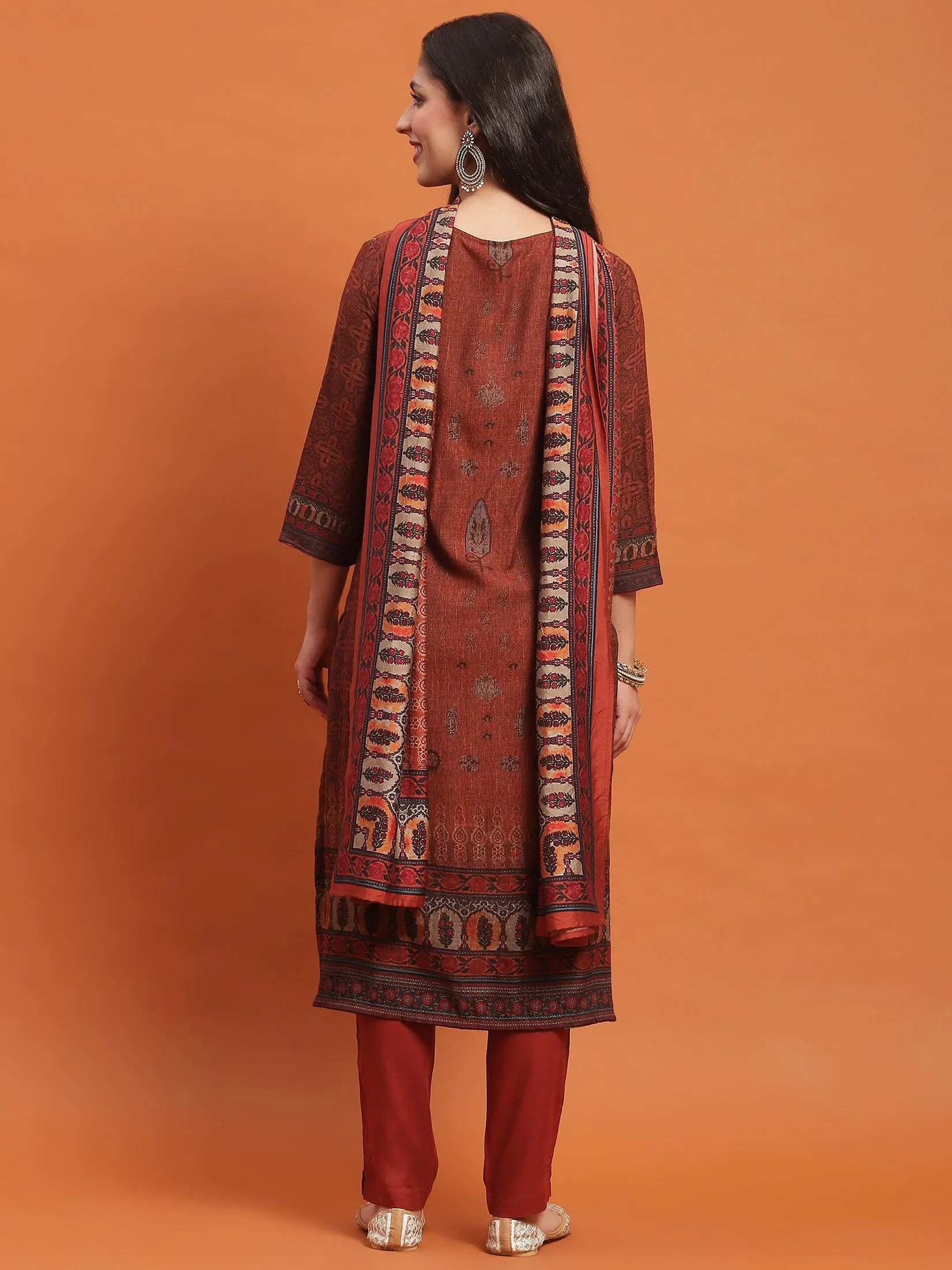 Women Rust Ornamental Print Kurta Trouser Dupatta