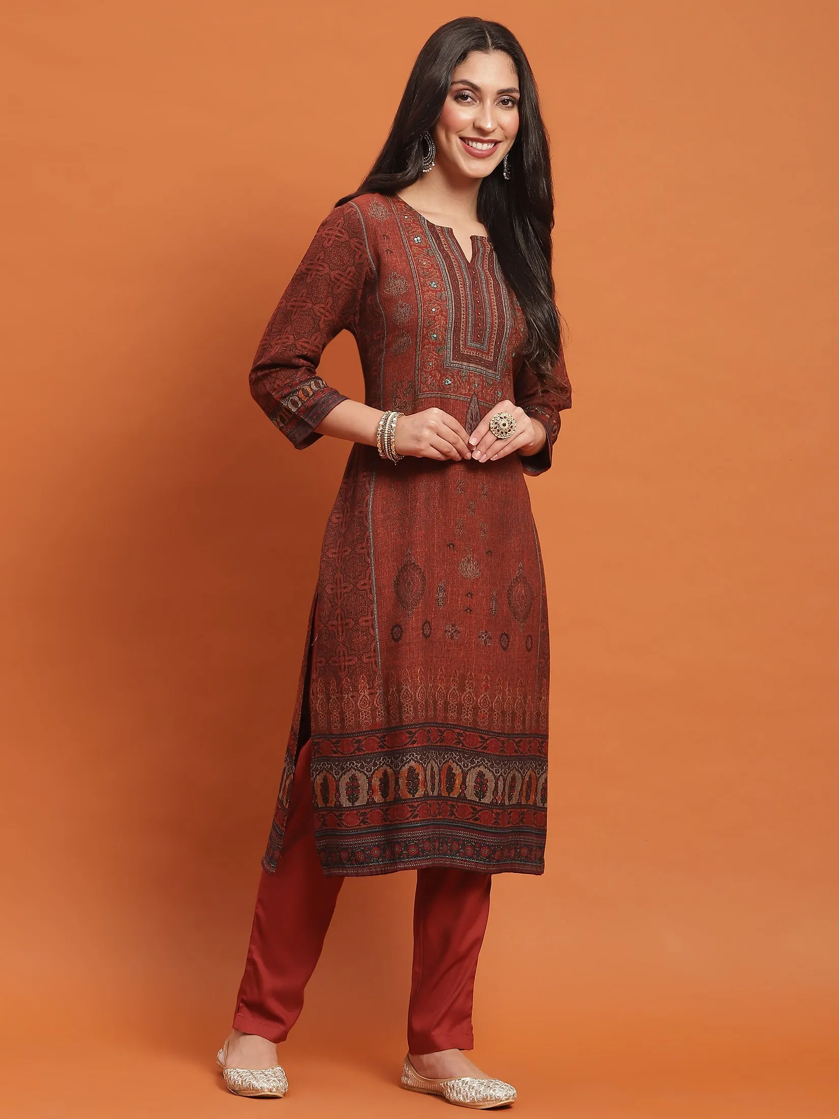 Women Rust Ornamental Print Kurta Trouser Dupatta