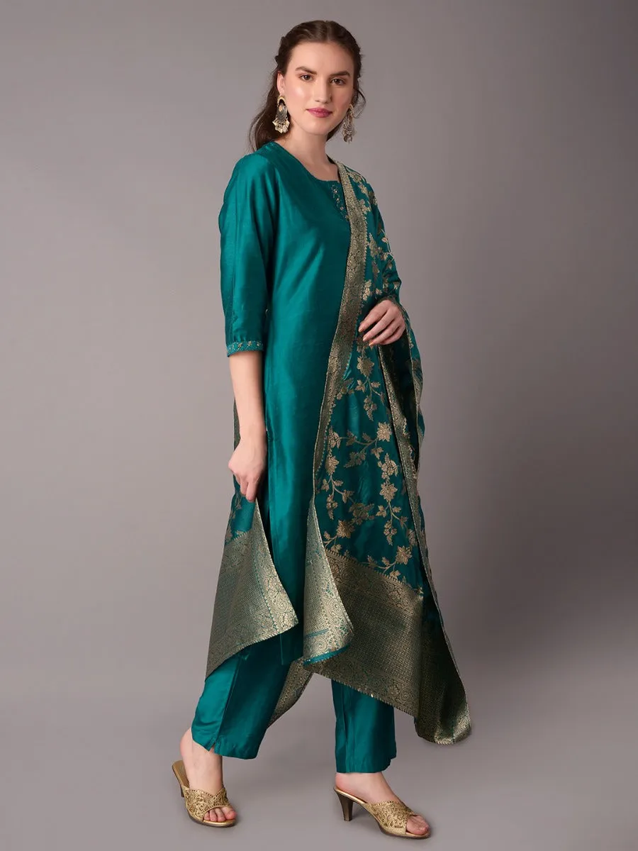 Women Teal Kurta Trouser Dupatta