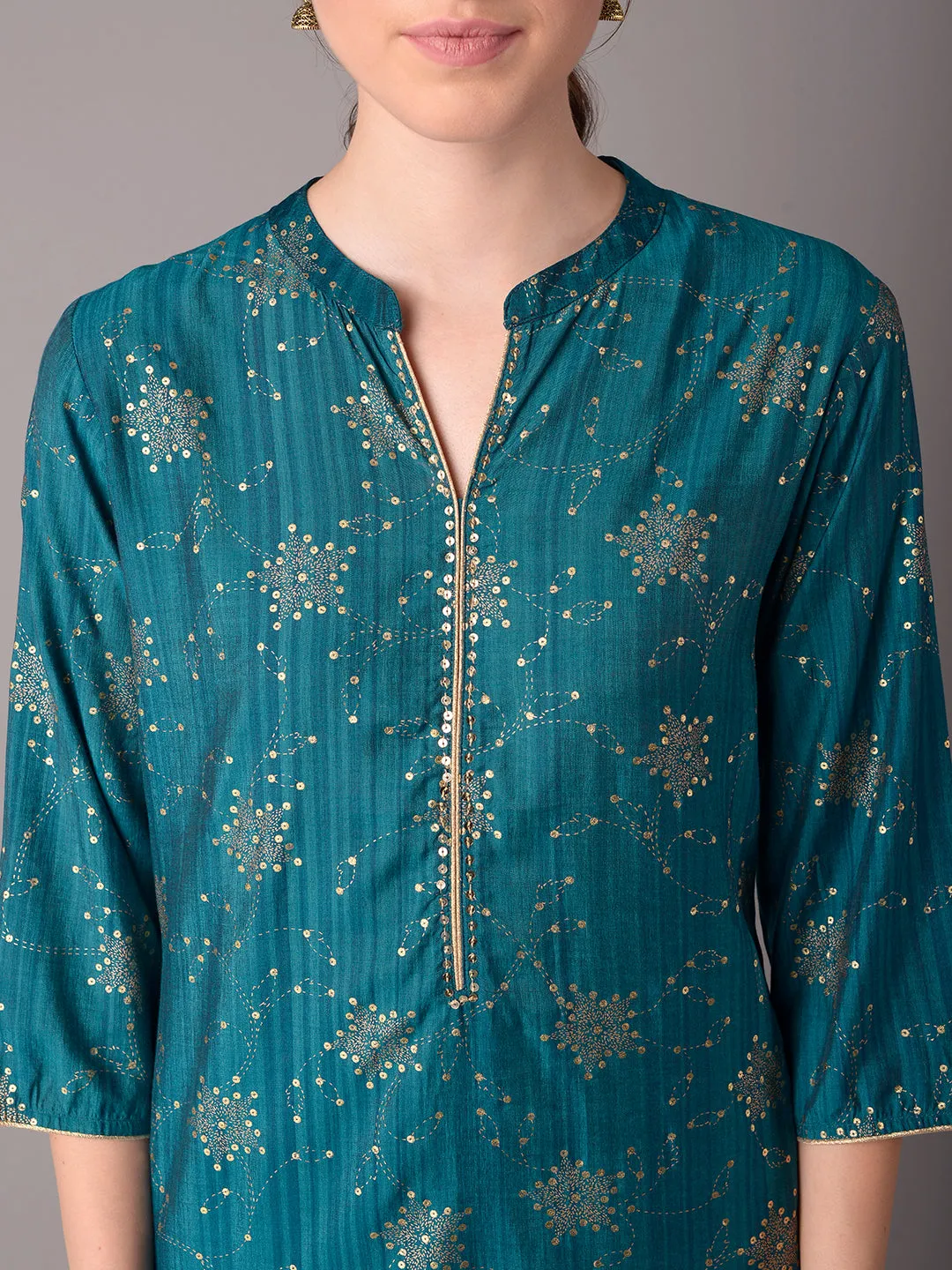 Women Turquoise Blue Ornamental Printed Kurta With Trouser