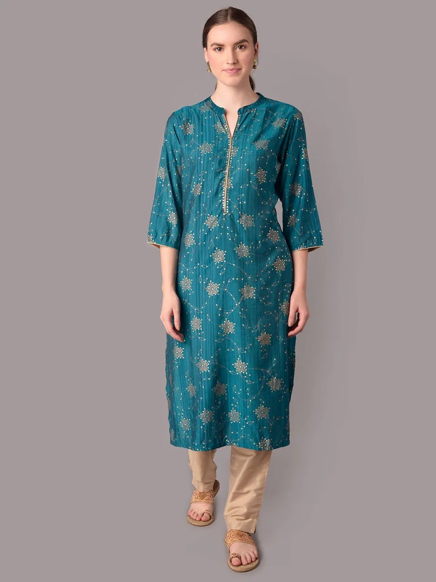 Women Turquoise Blue Ornamental Printed Kurta With Trouser