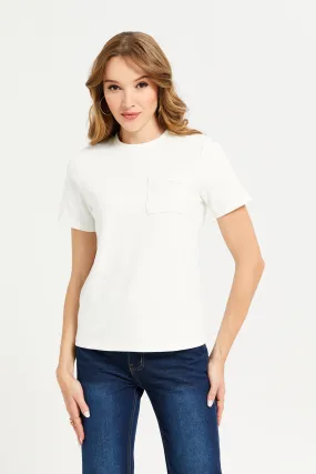 Women White Embroidered Pocket T-Shirt