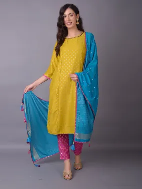 Women Yellow Ornamental Printed Kurta Trouser Dupatta