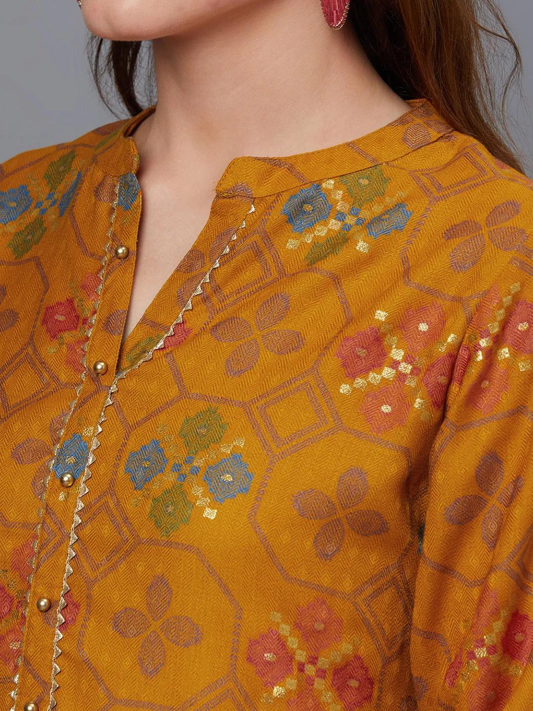 Women Yellow Pashmina Kurta Trouser With Shawl