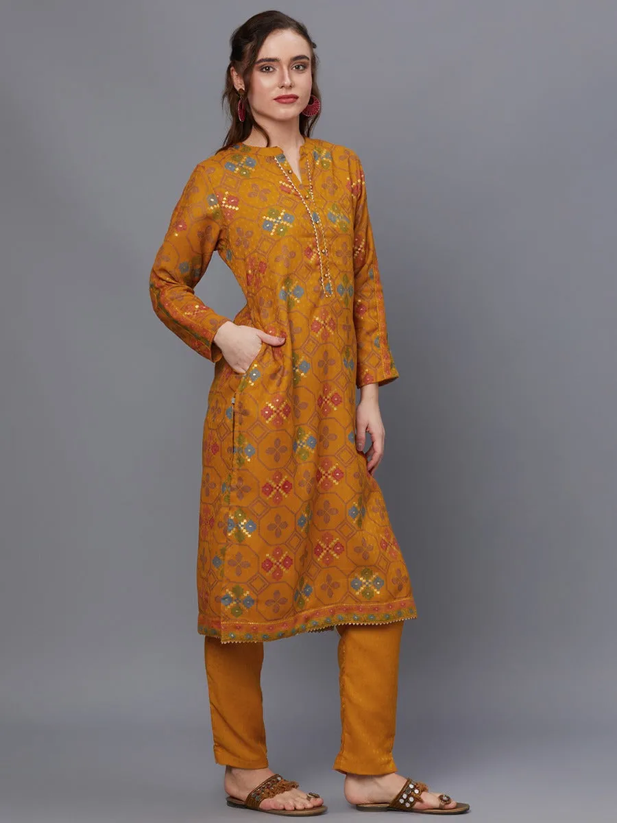 Women Yellow Pashmina Kurta Trouser With Shawl