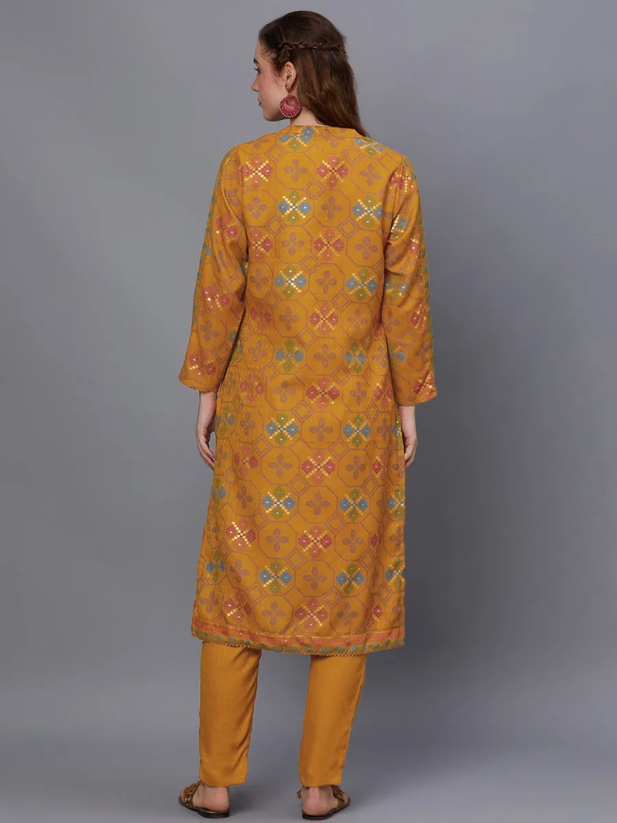 Women Yellow Pashmina Kurta Trouser With Shawl