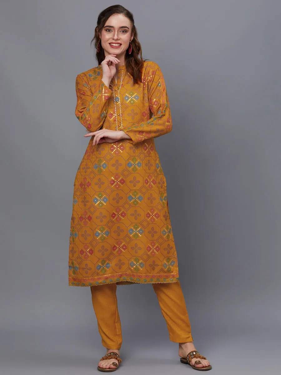 Women Yellow Pashmina Kurta Trouser With Shawl