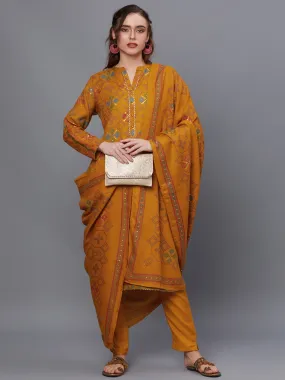 Women Yellow Pashmina Kurta Trouser With Shawl