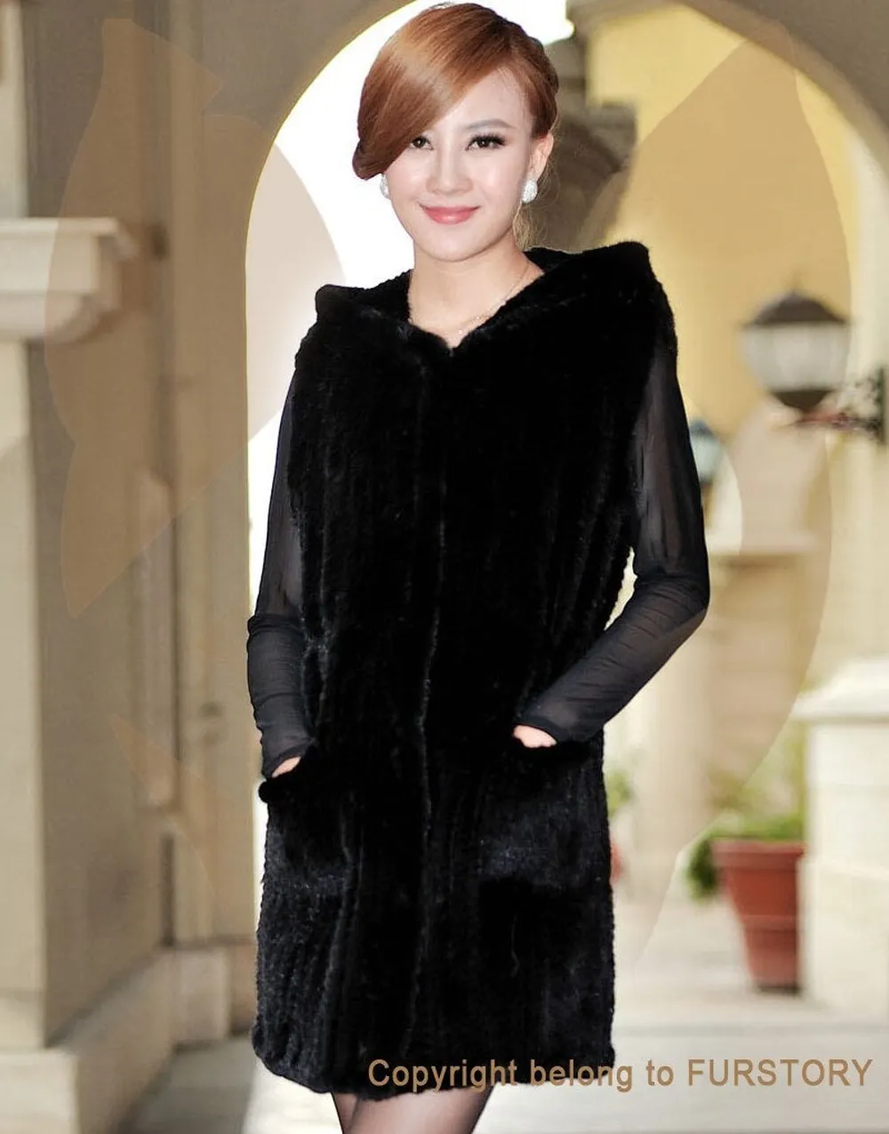 Women's Genuine Knitted Mink Fur Vest Women with Hood Sleeveless Female