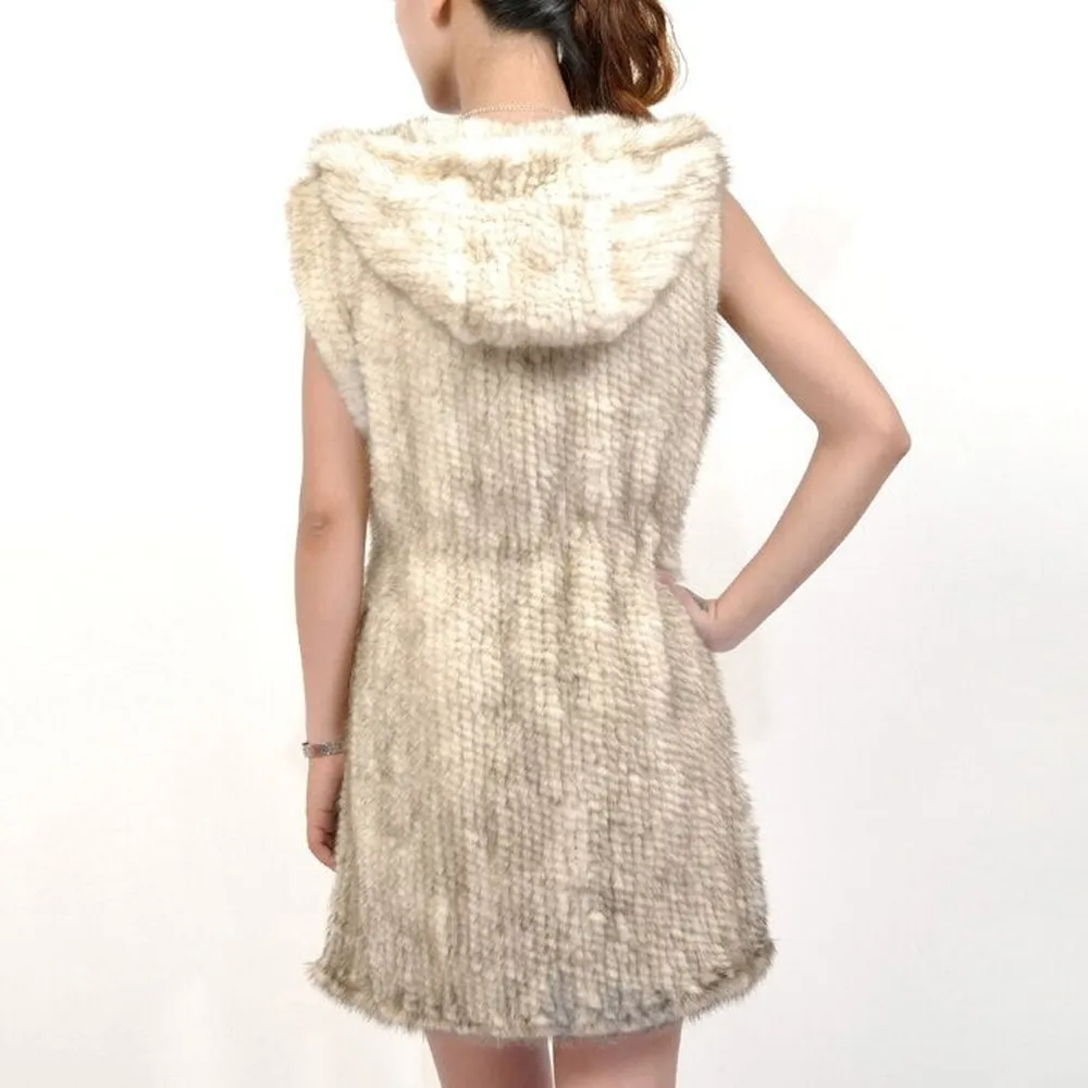 Women's Genuine Knitted Mink Fur Vest Women with Hood Sleeveless Female