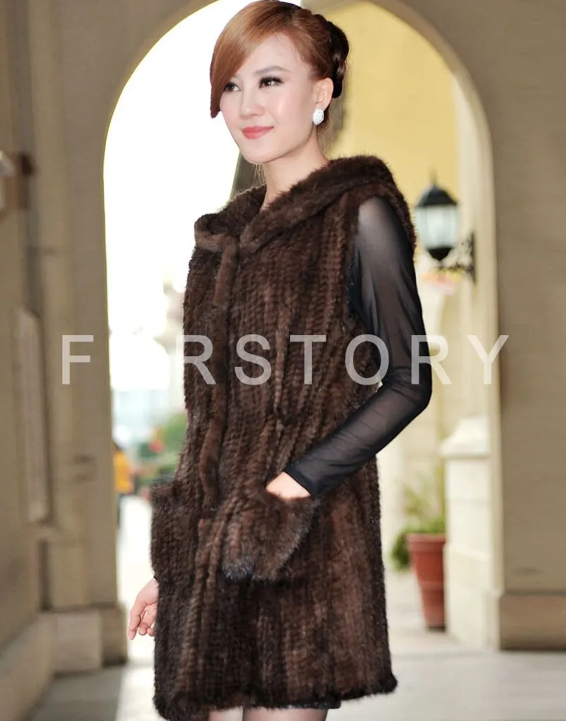 Women's Genuine Knitted Mink Fur Vest Women with Hood Sleeveless Female