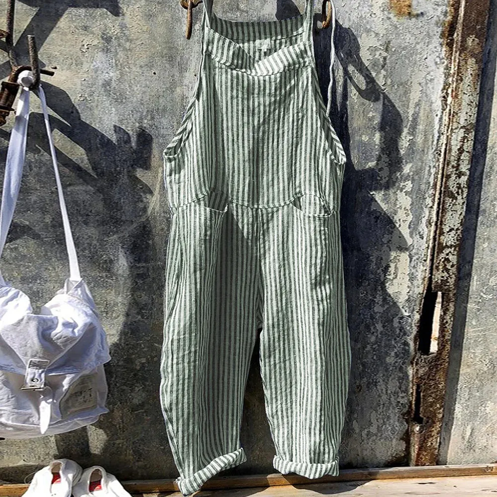 Women's Rayon Striped Wide-leg Jumpsuit Summer Casual Pockets Sleeveless Loose One-Piece Bib Overalls Beach Suspender Trousers