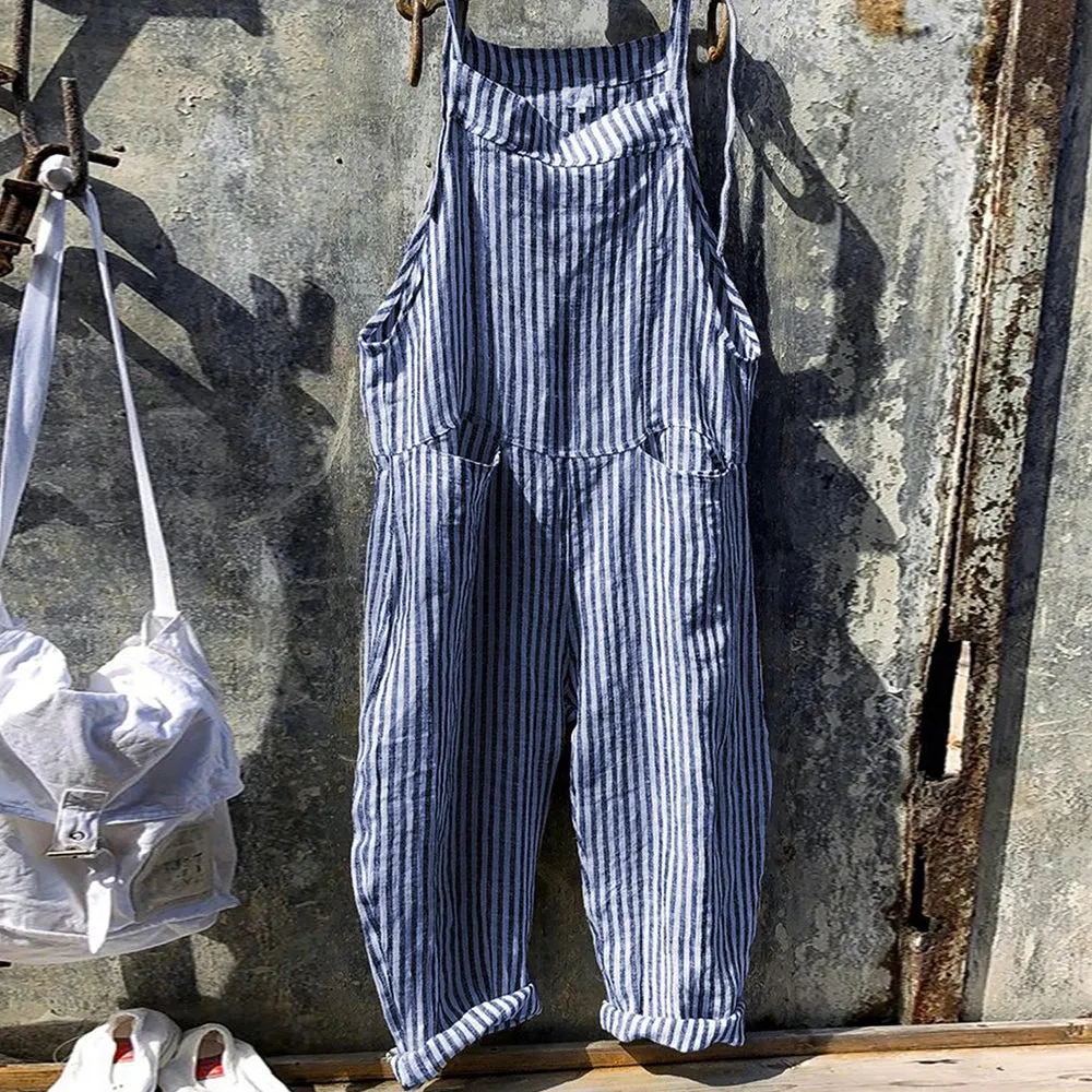 Women's Rayon Striped Wide-leg Jumpsuit Summer Casual Pockets Sleeveless Loose One-Piece Bib Overalls Beach Suspender Trousers