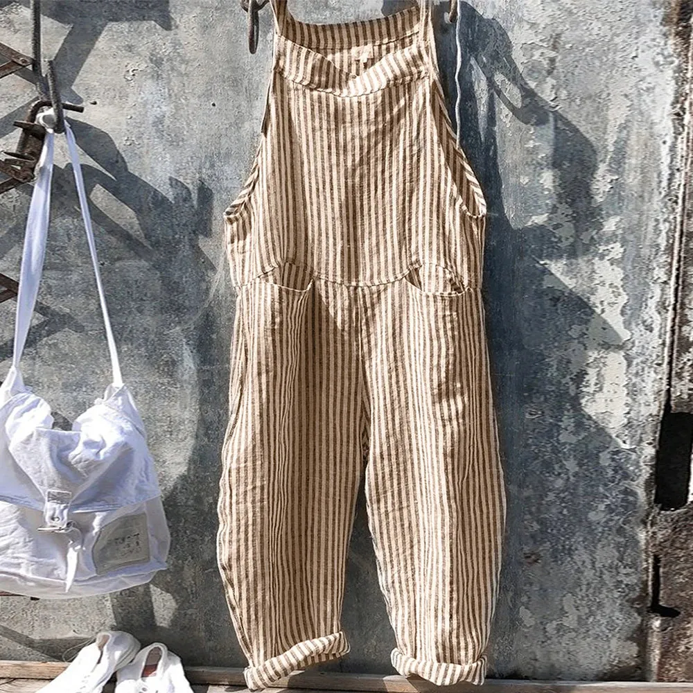 Women's Rayon Striped Wide-leg Jumpsuit Summer Casual Pockets Sleeveless Loose One-Piece Bib Overalls Beach Suspender Trousers