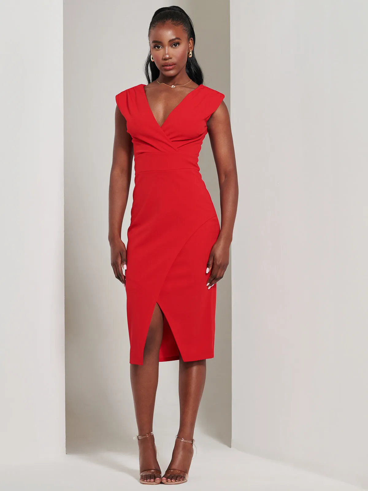 Yseult V-Neck Split Bodycon Dress, Red