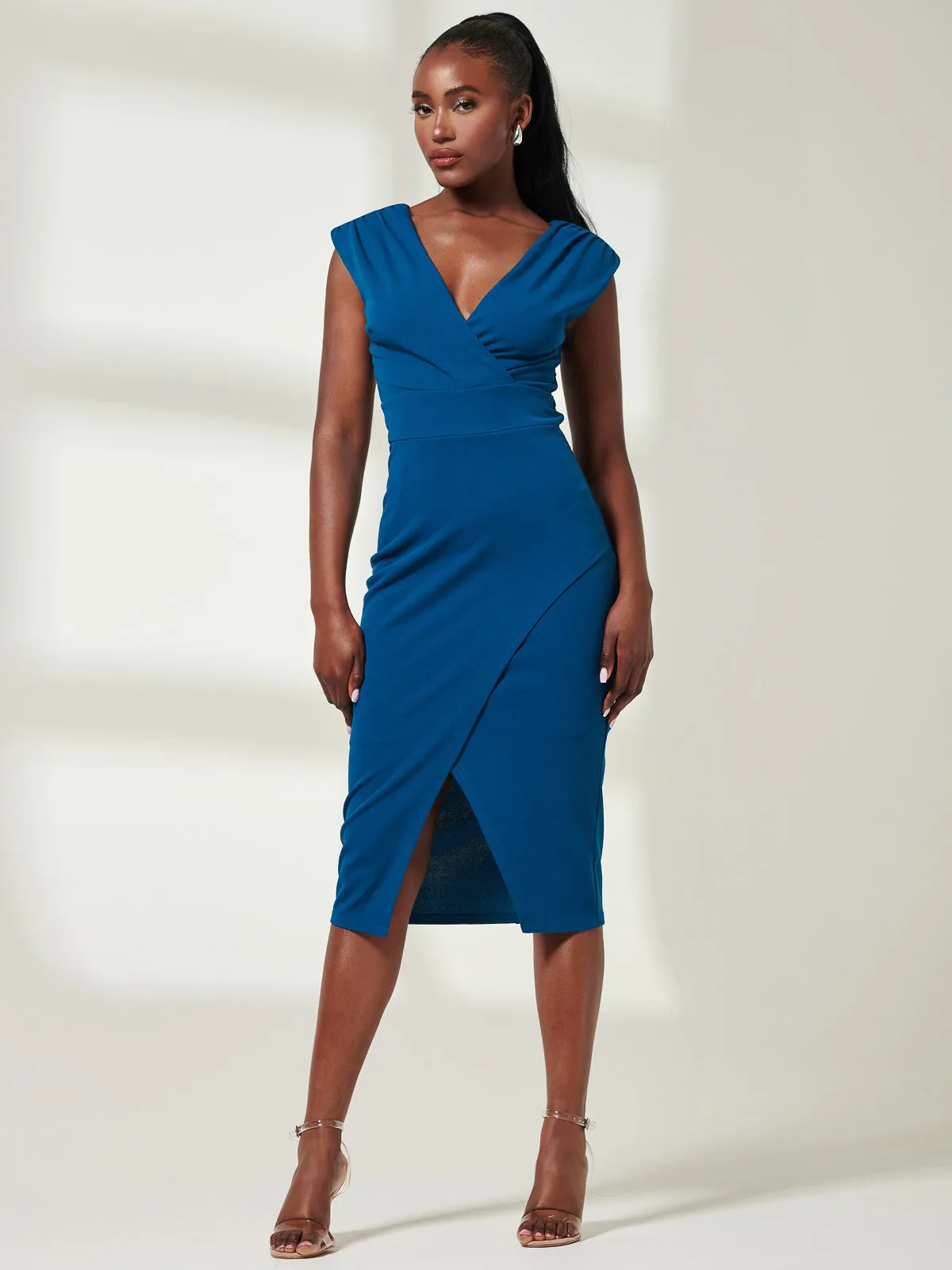 Yseult V-Neck Split Bodycon Dress, Teal